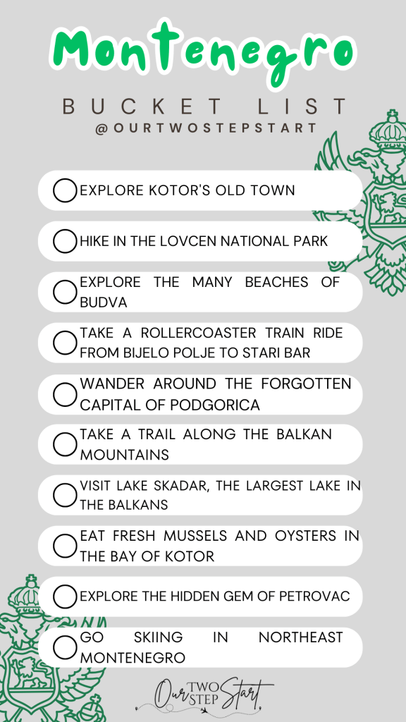 Montenegro Bucket List graphic by Ourtwostepstart